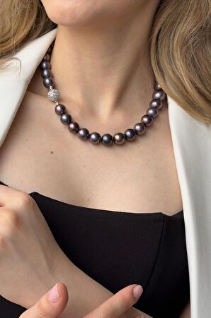 Birinci1926 925 Gümüş Kadın Zirkon Taş Kilit Detaylı Siyah Kültür İncisi Kolye 15 mm