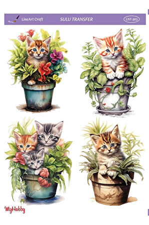 LNT-303 Saksı İçinde Sevimli Kediler 25 * 35 cm Sulu Transfer