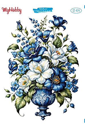 ST 474 Mavi Tonları Çiçek Desenli Sulu Transfer 25*35 cm