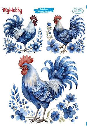 ST 504 Mavi Beyaz Horoz Desenli Sulu Transfer 25*35 cm