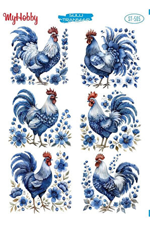 ST 505 Mavi Beyaz Horoz Desenli Sulu Transfer 25*35 cm