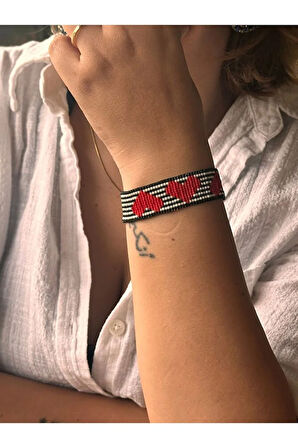 Siyah Beyaz Çizgili, Kalpli Miyuki Bileklik