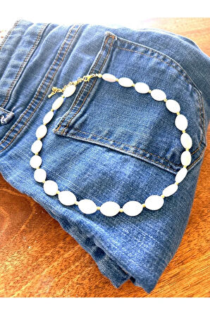 Yassı Oval Sedef Taşlı Kolye, Choker Kolye