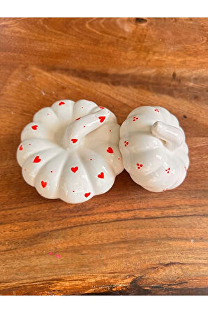 Orta ve Küçük Boy Dekoratif Kabak Set, Kalpli, Kırmızılı, El yapımı, Mutfak Dekoru, Seramik Kabak