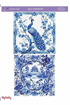 LNT 342 Mavi, Beyaz, Tavuskuşu Desenli Açık Zemin Sulu Transfer 25*35 cm