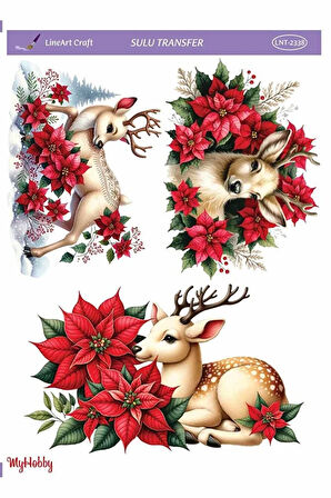 LNT2338 Yılbaşı Serisi, Geyik, Yeniyıl Çiçeği Desenli Açık Zemin Sulu Transfer 25*35 cm