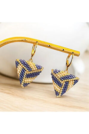 Lacivert, Gold, Krem, Üçgen Küpe, Boncuk Küpe, Handmade Takı, Aksesuar, Bijuteri Küpe