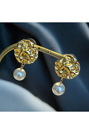 Gerçek İnci, Gold Detaylı, Sallantılı Küpe, 10 mm İnci