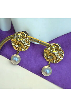 Gerçek İnci, Gold Detaylı, Sallantılı Küpe, 10 mm İnci