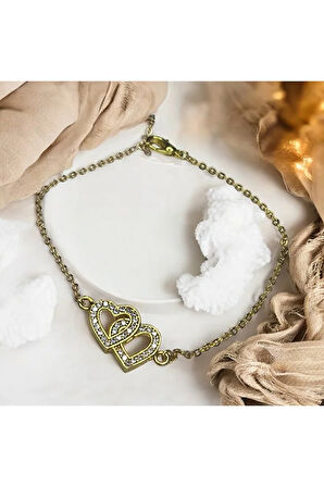 İçiçe kalp, Çift kalp, Gold bijuteri bileklik, Sevgiliye Hediye, Sevgililer günü