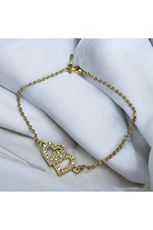 İçiçe kalp, Çift kalp, Gold bijuteri bileklik, Sevgiliye Hediye, Sevgililer günü