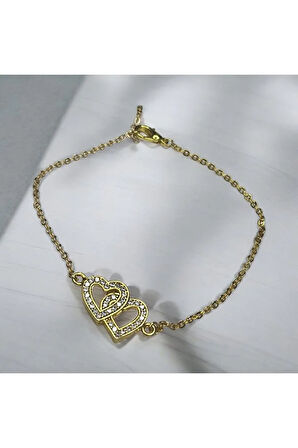 İçiçe kalp, Çift kalp, Gold bijuteri bileklik, Sevgiliye Hediye, Sevgililer günü
