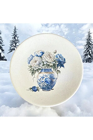 Mavi Beyaz, Çiçek Desenli Duvar Tabağı, Dekoratif Duvar Tabağı 18 cm