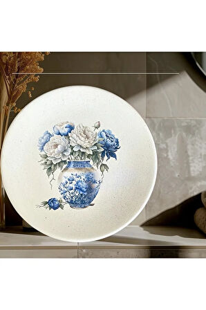 Mavi Beyaz, Çiçek Desenli Duvar Tabağı, Dekoratif Duvar Tabağı 18 cm