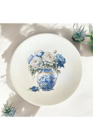 Mavi Beyaz, Çiçek Desenli Duvar Tabağı, Dekoratif Duvar Tabağı 18 cm