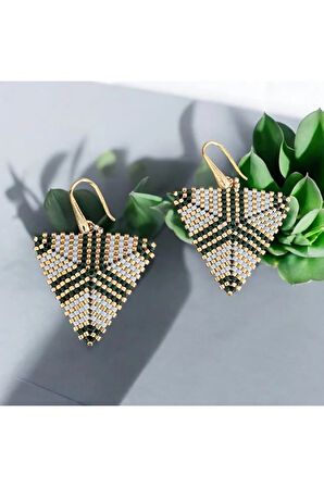 Üçgen Bijüteri Küpe, Yeşil, Gold, Krem, Miyuki, Sallantılı Küpe, Özel Tasarım Küpe, Hediye
