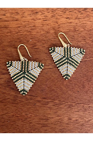 Üçgen Bijüteri Küpe, Yeşil, Gold, Krem, Miyuki, Sallantılı Küpe, Özel Tasarım Küpe, Hediye