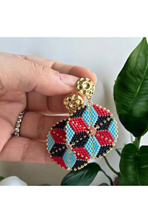 Kırmızı, Mavi, Siyah, Gold Yuvarlak Küpe, Tasarım Küpe, Hediye küpe