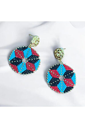 Kırmızı, Mavi, Siyah, Gold Yuvarlak Küpe, Tasarım Küpe, Hediye küpe