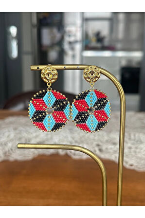 Kırmızı, Mavi, Siyah, Gold Yuvarlak Küpe, Tasarım Küpe, Hediye küpe
