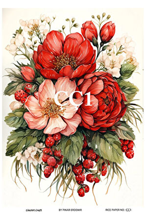 ÇÇ1 Çilek ve Çiçek Desen li 30*42 cm Pirinç dekopaj