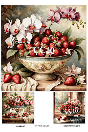 ÇÇ10 Çilek ve Çiçek Desen li 30*42 cm Pirinç dekopaj