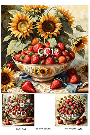 ÇÇ12 Çilek ve Çiçek Desen li 30*42 cm Pirinç dekopaj