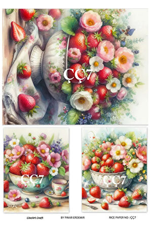 ÇÇ7 Çilek ve Çiçek Desen li 30*42 cm Pirinç dekopaj
