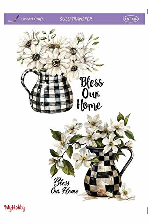 LNT436 Ekose, Sürahi, Çiçek Desenli Açık Zemin Sulu Transfer 25*35 cm