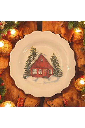 Karlı Ev, Kış Manzarası Desenli Duvar Tabağı, Duvar Dekorasyon, Seramik Tabak