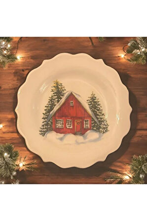 Karlı Ev, Kış Manzarası Desenli Duvar Tabağı, Duvar Dekorasyon, Seramik Tabak