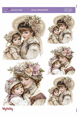 LNT486 Çoklu, Anne Çocuk, Anne Kız, Anne Oğul Desenli Açık Zemin Sulu Transfer 25*35 cm