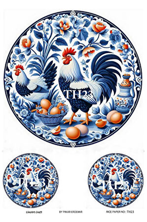 Tavuk Horoz Serisi TH23 Mavi Beyaz, Horoz Desenli 29*42 cm Pirinç Dekopaj
