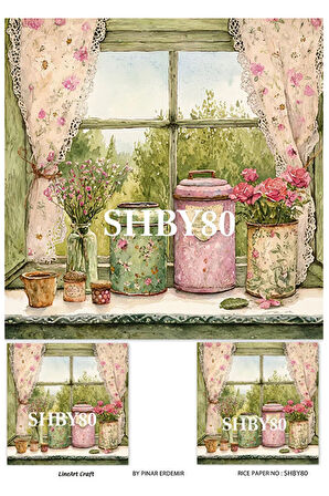 Shabby Serisi Pencere Önünde Çiçekler Desenli SHBY80 29*42 cm Pirinç Dekopaj