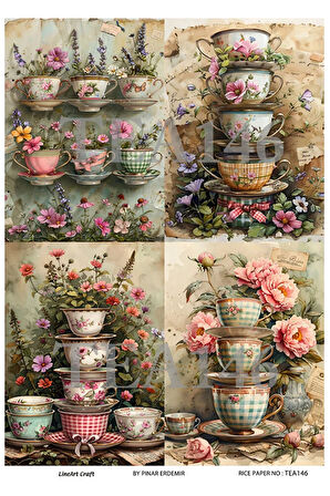 Çay Partisi Serisi TEA146 Fincan, Çiçek Desenli 29*42 cm Pirinç Dekopaj