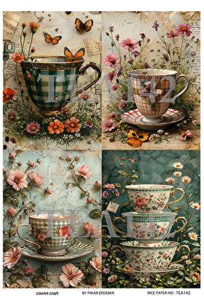 Çay Partisi Serisi TEA142 Fincan, Çiçek Desenli 29*42 cm Pirinç Dekopaj