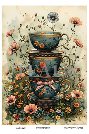 Çay Partisi Serisi TEA136 Çiçek, Fincan Desenli 29*42 cm Pirinç Dekopaj