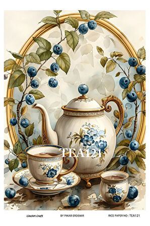 Çay Partisi Serisi TEA121 Fincan, Meyva, Yabanmersini Desenli 29*42 cm Pirinç Dekopaj