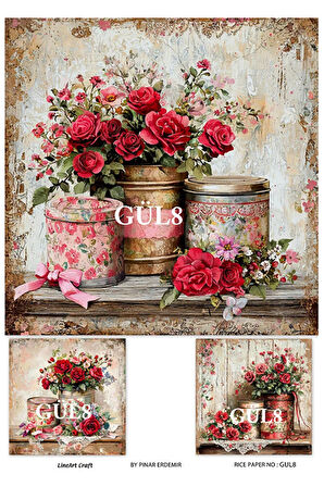 Gül Serisi Tenekede Çiçek, Gül Desenli GUL8 29*42 cm Pirinç Dekopaj