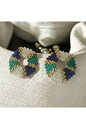 Lacivert, Yeşil, Krem, Altıgen, Çivili Küpe