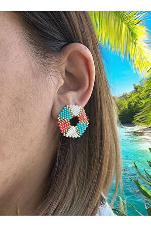 Turuncu, Mavi, Krem, Altıgen, Çivili Küpe