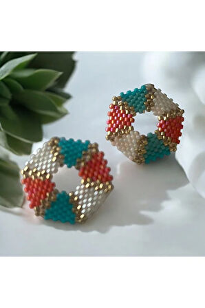 Turuncu, Mavi, Krem, Altıgen, Çivili Küpe