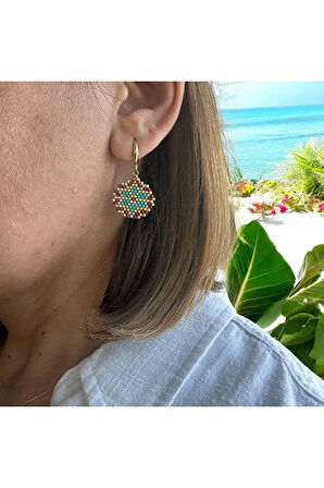 Kırmızı, Mavi, Gold Sallatılı, Yuvarlak, Otantik Küpe