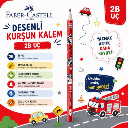 Faber-Castell City Squad Desenli kurşun kalem 2B Kaliteli Yuvarlak Gövde 4 Adet
