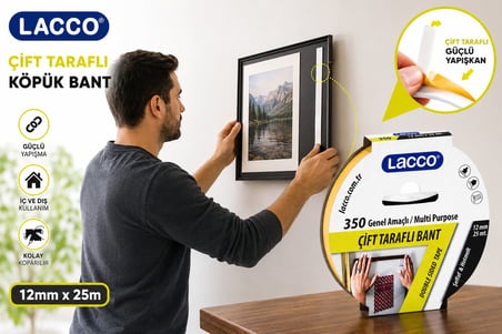 Lacco Çift Taraflı Köpük Bant 12 mm x 25 m Güçlü Yapışkanlı Montaj Bandı Çok Amaçlı Beyaz 1 Adet