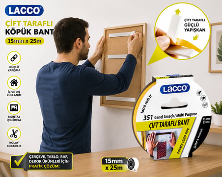 Lacco Çift Taraflı Köpük Bant 15 mm x 25 m Güçlü Yapışkanlı Montaj Bandı Çok Amaçlı Beyaz 1 Adet