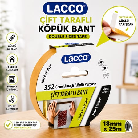 Lacco Çift Taraflı Köpük Bant 18 mm x 25 m Güçlü Yapışkanlı Montaj Bandı Çok Amaçlı Beyaz 1 Adet