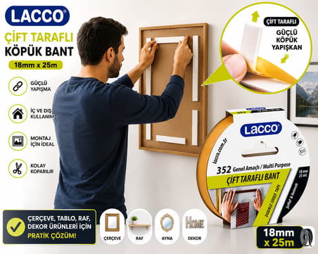 Lacco Çift Taraflı Köpük Bant 18 mm x 25 m Güçlü Yapışkanlı Montaj Bandı Çok Amaçlı Beyaz 1 Adet