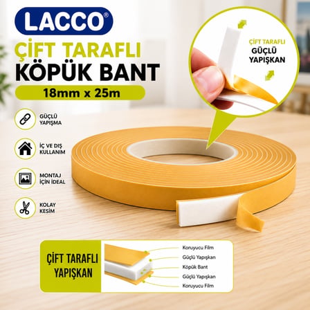 Lacco Çift Taraflı Köpük Bant 18 mm x 25 m Güçlü Yapışkanlı Montaj Bandı Çok Amaçlı Beyaz 1 Adet