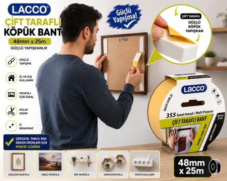 Lacco Çift Taraflı Köpük Bant 48 mm x 25 m Güçlü Yapışkanlı Montaj Bandı Çok Amaçlı Beyaz 1 Adet